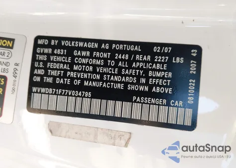 2007 Volkswagen Eos 3.2L из США, поврежденный, VIN WVWDB71F77V034795